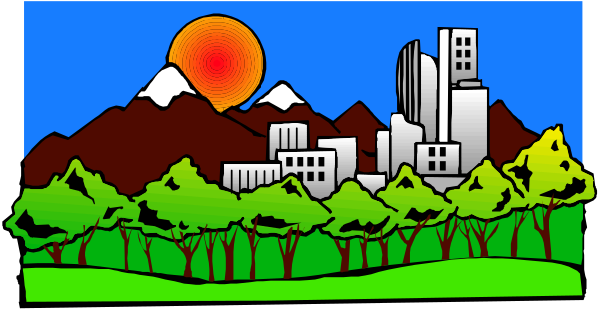The image shows a stylized cityscape with mountains under an orange sky at sunset, surrounded by trees on either side of what appears to be a river flowing through it; there is no text present in this clip-art illustration.