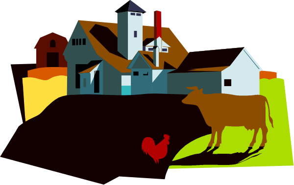 The image depicts a rural scene with an old farmhouse surrounded by fields of green grass under a blue sky; there is one cow standing in front of the house on its left side, two chickens near it, and some red flowers blooming nearby.