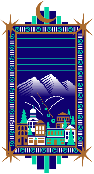 The image shows a stylized banner with an illustration of mountains on it, set against a blue sky background; there is also a crescent moon in one corner and what appears to be a small village at its base.