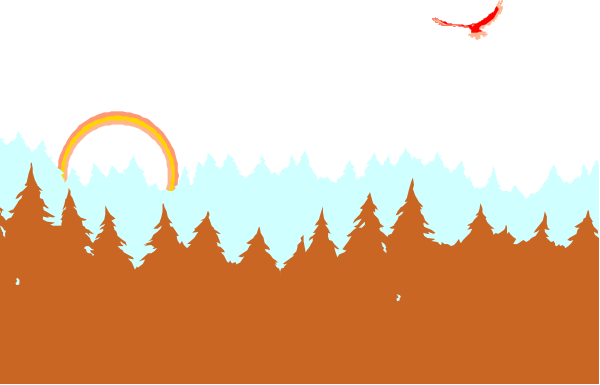 The image shows a stylized depiction of an outdoor scene with trees on either side forming a natural frame around what appears to be a sunset in front of mountains under a clear sky.