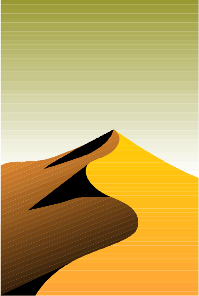 The image shows a stylized desert landscape with an orange sky at sunset featuring sand dunes under what appears to be mountains in silhouette against the horizon line of blue-gray tones.