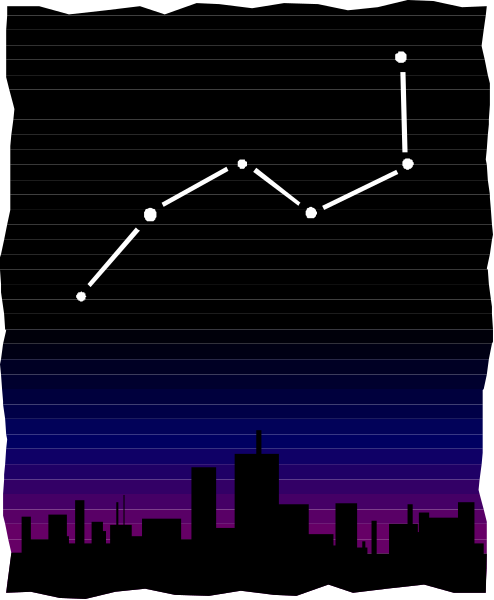 The image shows a night sky with constellations of stars against a dark background; there is also an outline of what appears to be a cityscape in purple at the bottom right corner underlined by blue lines, and above it, two white dots connected by a line resembling a star sign.