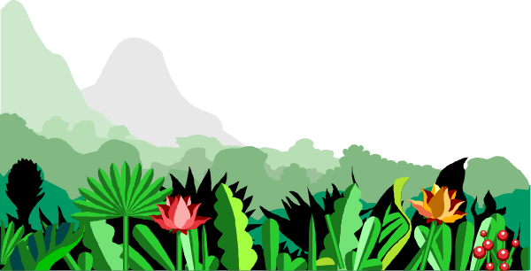 The image shows a colorful cartoon landscape with various plants and flowers at its base, leading up to mountains under an overcast sky in the background.