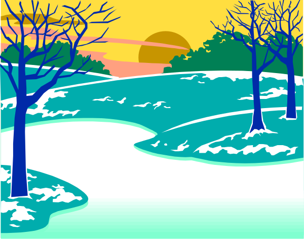 The image shows a tranquil scene of an evening landscape with trees on either side leading to a sunset over rolling hills in the background under a clear sky.