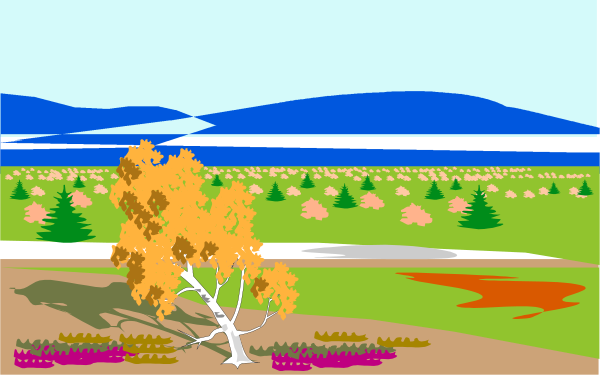 The image depicts a serene landscape scene with trees on either side of a river that flows through it; there's an autumnal tree in the foreground to the left, while another one is visible further downstream towards the right edge of the frame. In between these two trees stands what appears to be a small building or hut near the waterline where the river meets its bank on both sides. The background features rolling hills and mountains under an overcast sky with no clouds in sight; there's also some vegetation scattered across this landscape, including bushes along one of the