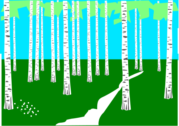 The image shows a digital illustration of birch trees with green leaves against an overcast sky background; there is no text present in this clip-art piece.
