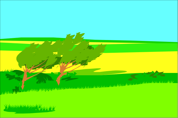 The image shows a collage of three panels depicting different scenes: 1) A green field with trees under an overcast sky; 2) An open landscape featuring rolling hills in front of a yellowish-green horizon line, and 3) Two small figures standing near the base of one tree. There are no people or animals visible within this image. The style is reminiscent of early computer graphics due to its pixelated appearance with limited color palettes. No actions can be discerned from these static images.