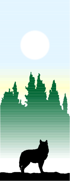 The picture shows a sunset with silhouettes of trees on either side against an orange sky; there is also a wolf standing in front of one tree to its right.