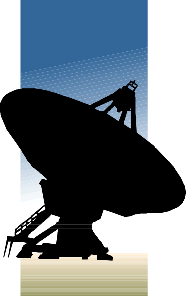 The image shows a black silhouette of an astronomy observatory with its dome open against a blue sky background in what appears to be daylight.