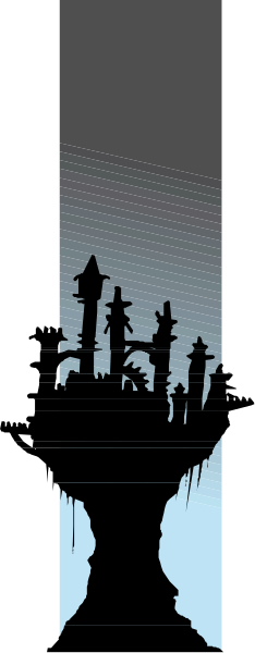 The image shows a castle with multiple towers on either side of it against an overcast sky background that has been split into two sections by what appears to be a vertical line in between them.