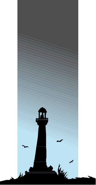 The image shows a nighttime scene with two vertical panels: on top, there's an illustration of a lighthouse in silhouette against a dark sky; below it is another panel depicting birds flying over water under what appears to be moonlight or starlight.