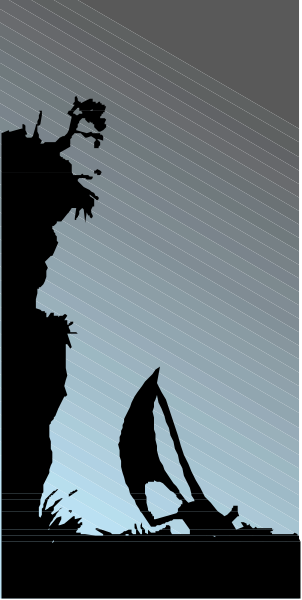 The image shows a black silhouette of an animated character standing on land with water nearby; there is no text present in this clip-art piece.