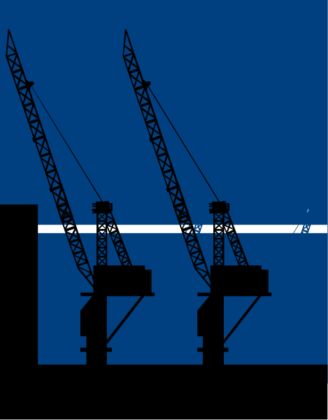 The image shows a black silhouette of two cranes against an evening sky with blue tones near the horizon line where buildings can be seen in the background on one side.