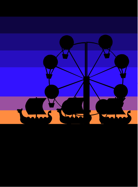 The image shows a carousel with various rides at dusk against an orange sky background featuring balloons on top of it.