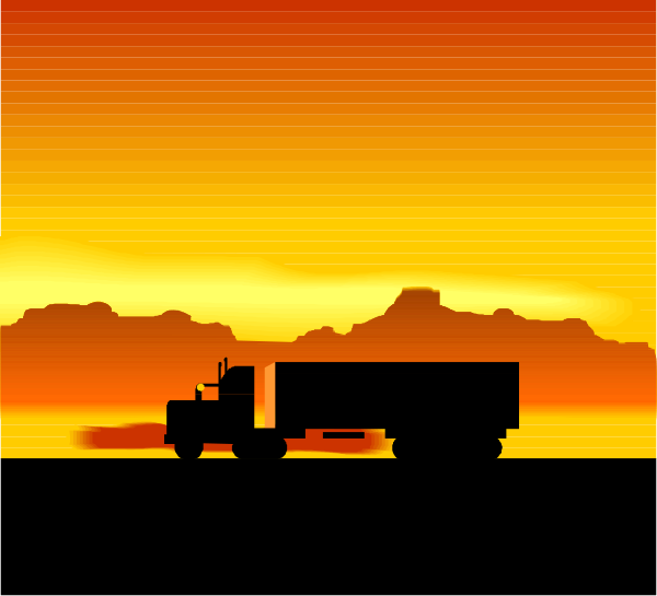The image shows a pixelated scene of an orange sunset with silhouettes of mountains on either side; there is a large truck in front that appears to be driving towards the viewer's perspective under this sky, and it has two visible tires at its rear end.