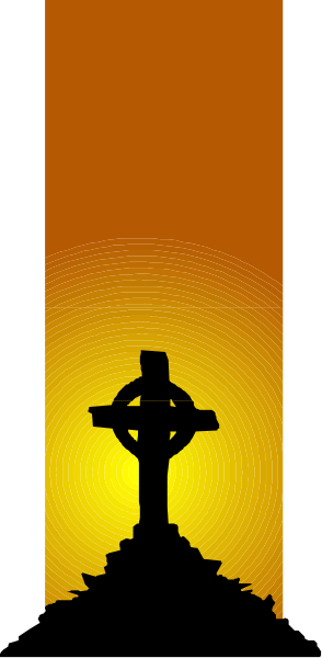The image shows a cross on top of an illuminated building at sunset with two vertical bars dividing it into three sections; one section is darker than the others due to shadow from the structure above, and there's no text present in this clip-art style illustration.