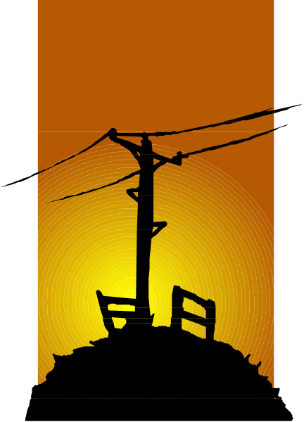 The image shows a silhouette of an electric pole with power lines against a sunset sky background.