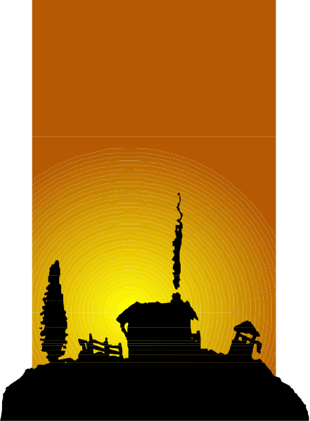 The image shows a sunset scene with silhouettes of buildings against an orange sky; there is no text present on this clip-art piece.