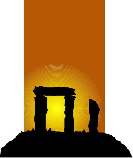 The image shows a silhouette of an ancient temple at sunset with columns against a dark sky background.