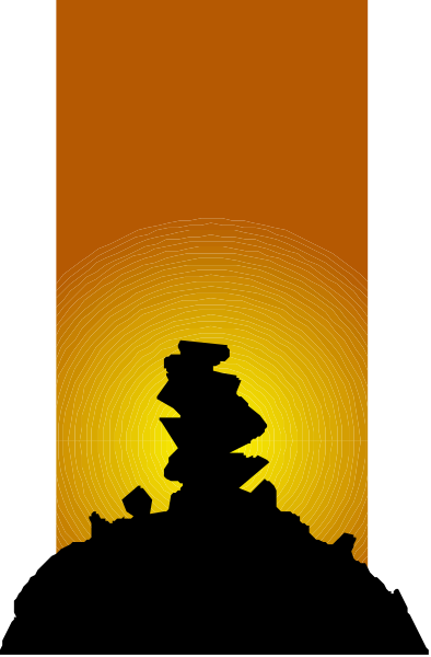The image shows a sunset with silhouettes of trees against an orange sky on top half; bottom half is black-and-white showing two vertical stripes that resemble tall buildings in profile view at night, and between them stands one taller building or monument illuminated by the setting sunlight.