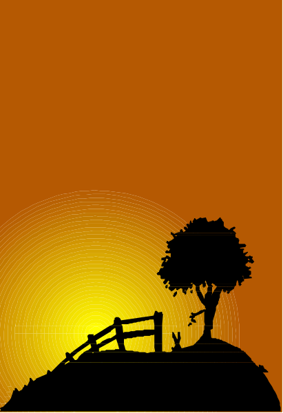 The image shows a silhouette of an outdoor scene with trees at sunset; there is no text present on this clip-art graphic.