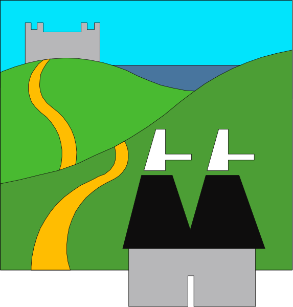 The illustration depicts a stylized rural landscape with two houses on either side of an empty road that curves through rolling hills towards distant mountains under blue skies.