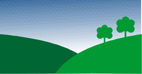 The image shows a tranquil scene with two trees on either side of an open field under a clear blue sky during what appears to be sunset.