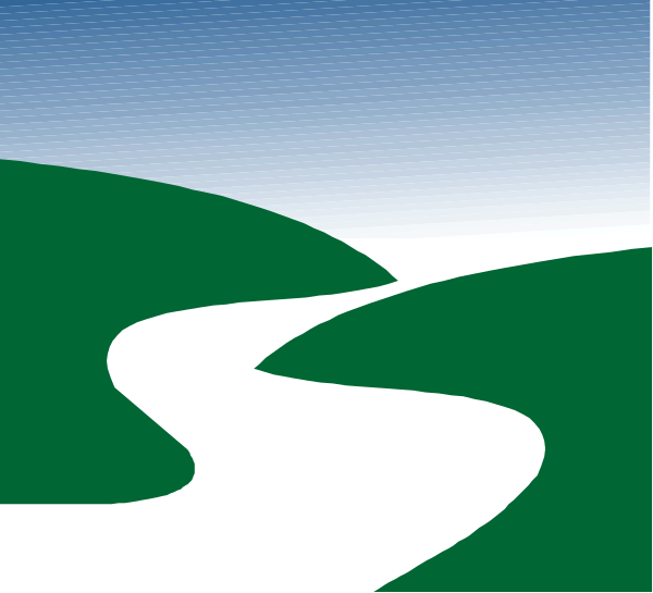 The image shows a winding road through rolling green hills under an overcast sky with mountains on either side of it.