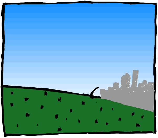 The image shows a stylized depiction of two windows with views outside: on top is an urban skyline at dusk; below it's a rural landscape during daylight featuring green fields under blue skies, and in between there appears to be a small city or town visible from the upper window.