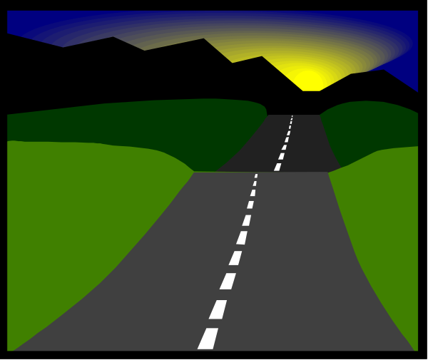 The image shows a two panel comic strip with different scenes: In the first scene there is an empty road at night under a dark sky; in the second scene it's daytime showing mountains on one side of the highway and green fields on another, indicating travel from darkness to light during sunrise.