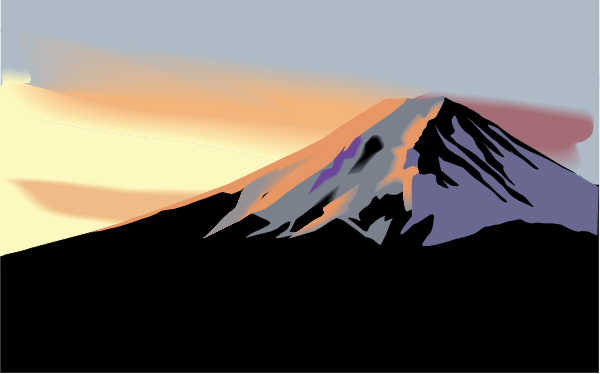 The image shows a digital painting of an iconic mountain peak at sunset with warm hues illuminating its slopes against a clear sky.