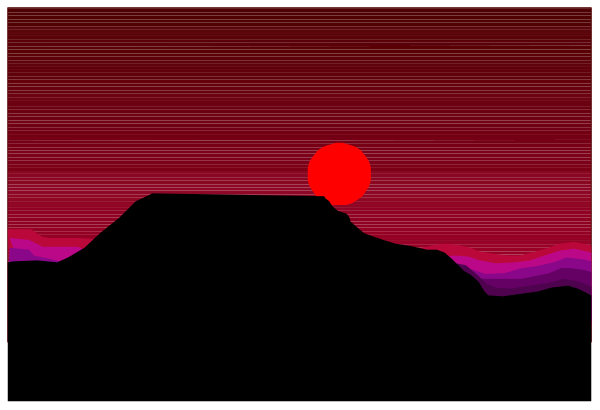 The image shows a digital artwork of an evening sky with red hues near the horizon transitioning to purple as it rises above rolling hills under what appears to be either a full moon or bright star in the upper right corner, and there is no text present within this small clip-art frame.