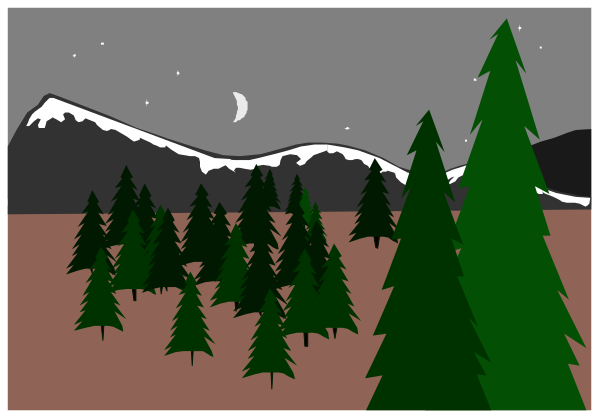 The image shows a nighttime scene with trees against an open sky background featuring stars above mountains under what appears to be moonlight illuminating them from below; there is no visible text in this clip-art illustration, which focuses on nature and landscape elements rather than human activity or objects of interest.