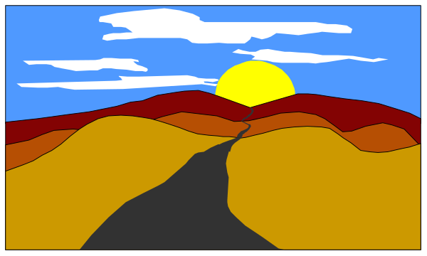 The image shows a sunset over mountains with two windows on either side of it; there is no text present within this small clip-art picture.