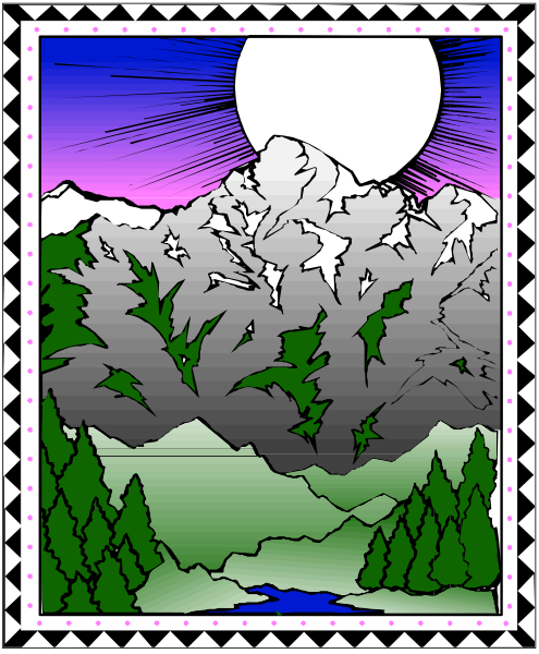 The image depicts a stylized landscape scene with mountains under a full moon at nighttime, featuring trees on either side of a river in front of the mountain range.