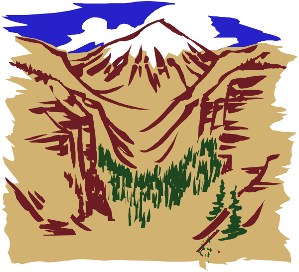 The image shows a stylized mountain landscape with trees at its base under an evening sky, featuring shades of brown for mountainsides and green for foliage against blue tones in the background.