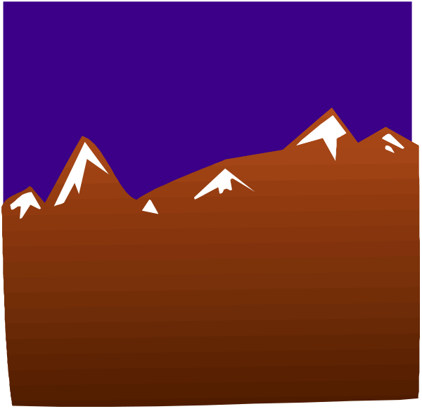 The image shows a pixelated landscape with two mountains against an evening sky; it is divided into three panels: left panel depicts flat terrain leading to mountain peaks under purple skies, middle panel features red-brown hills and valleys in daylight, right panel displays darker shades of brown on the lower slopes.