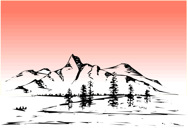 The image shows a black and white photo of mountains with trees at their base against an orange sky background on top left corner.