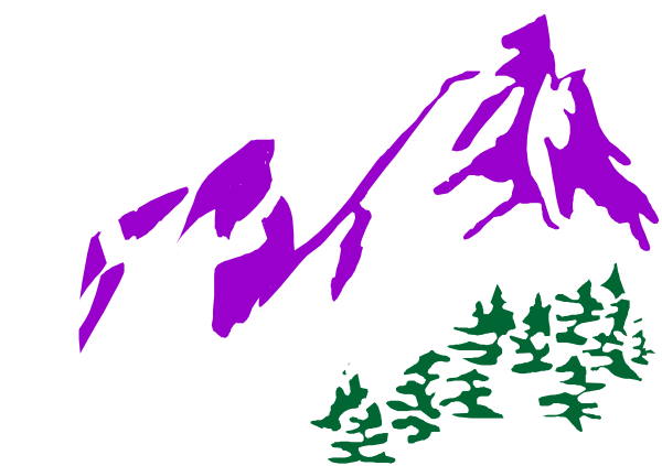 The image shows a stylized mountain range with purple peaks under an evening sky against a dark background.