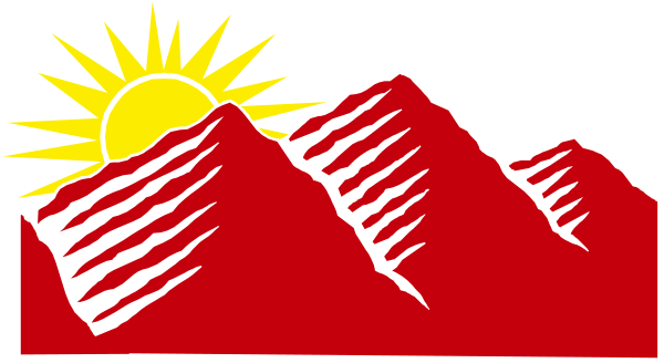 The image shows a stylized sunset with silhouettes of mountains against an orange sky above them; there is no text present in this clip-art illustration.