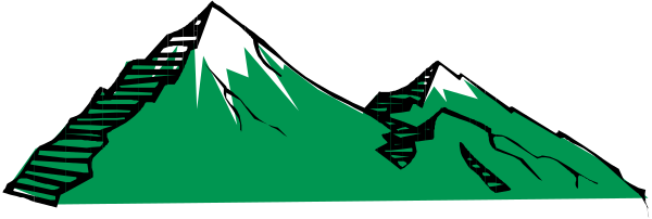 The image shows a black and white illustration of an outdoor scene with mountains on either side, stairs leading up to them in front, and what appears to be snow-capped peaks atop each mountain range.