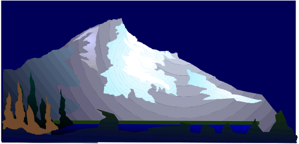 The image shows a digital painting of an alpine landscape with snowy mountains under a night sky, featuring trees on either side at bottom left corner.