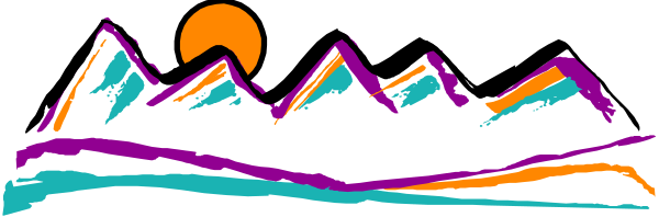 The image shows a mountain range with peaks under an orange sunset sky at dusk against a dark background; there is no text present in this clip-art illustration.