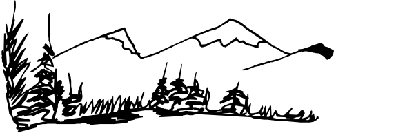 The image shows a black and white photo of an outdoor scene with trees on either side leading to what appears to be buildings in the distance under overcast skies.