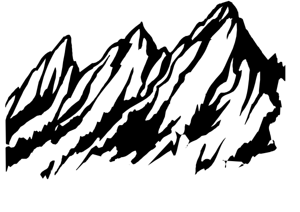 The black and white silhouette of a mountain range with jagged peaks against an indistinct background.