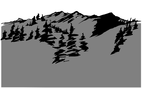 The image shows a black and white silhouette of trees against an open sky background with mountains below them on what appears to be a computer screen displaying this landscape as part of its wallpaper.