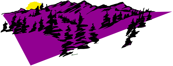 The image shows a purple mountain landscape with trees on it under an overcast sky at dusk, featuring shades of blue in the background where there is no light source visible; to the right side stands out one yellow object that resembles a sunset or moonrise above the mountainside.