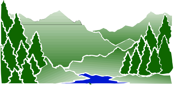 The image shows a pixelated representation of mountains with trees on either side under what appears to be an overcast sky at dusk.