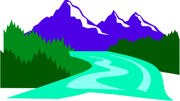 The image shows a stylized representation of an outdoor scene with mountains on either side under what appears to be night sky, featuring green trees along both sides of a winding river that flows through it; there is no text present in this clip-art style illustration.