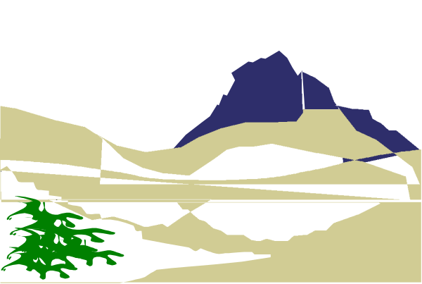 The image shows a pixelated landscape with mountains on either side of a valley under an overcast sky; there is no text present in this clip-art representation.